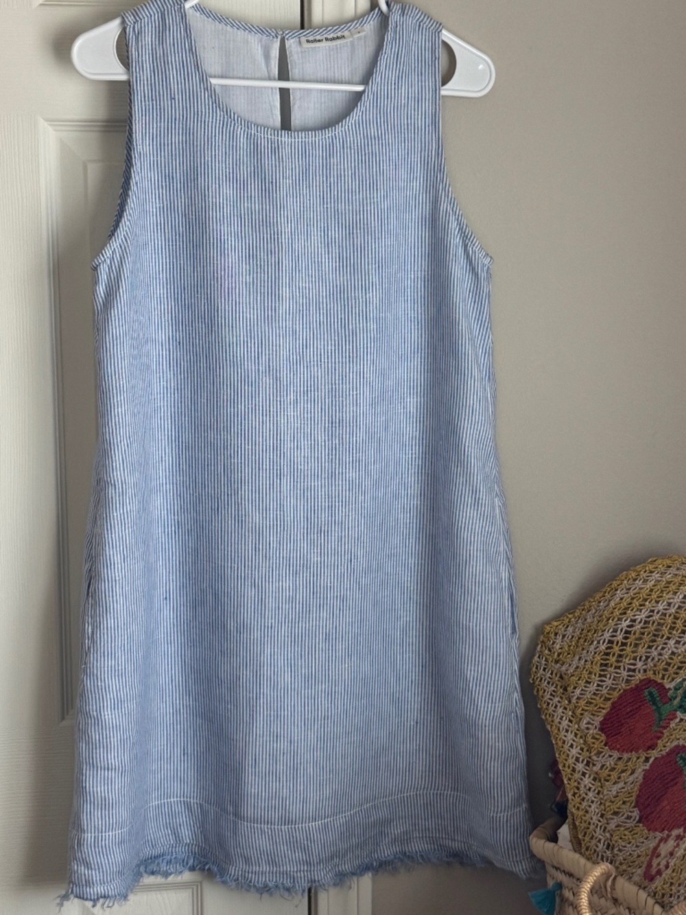 NWOT, ROLLER RABBIT, TATA SLEEVELESS LINEN DRESS -IN BLUE/WHITE TICKING STRIPE.